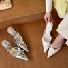 White Pointed Rhinestone High Heels Women's Spring 2025 New Stiletto Half Slippers Rubber Stiletto Bag Head Medium Heel