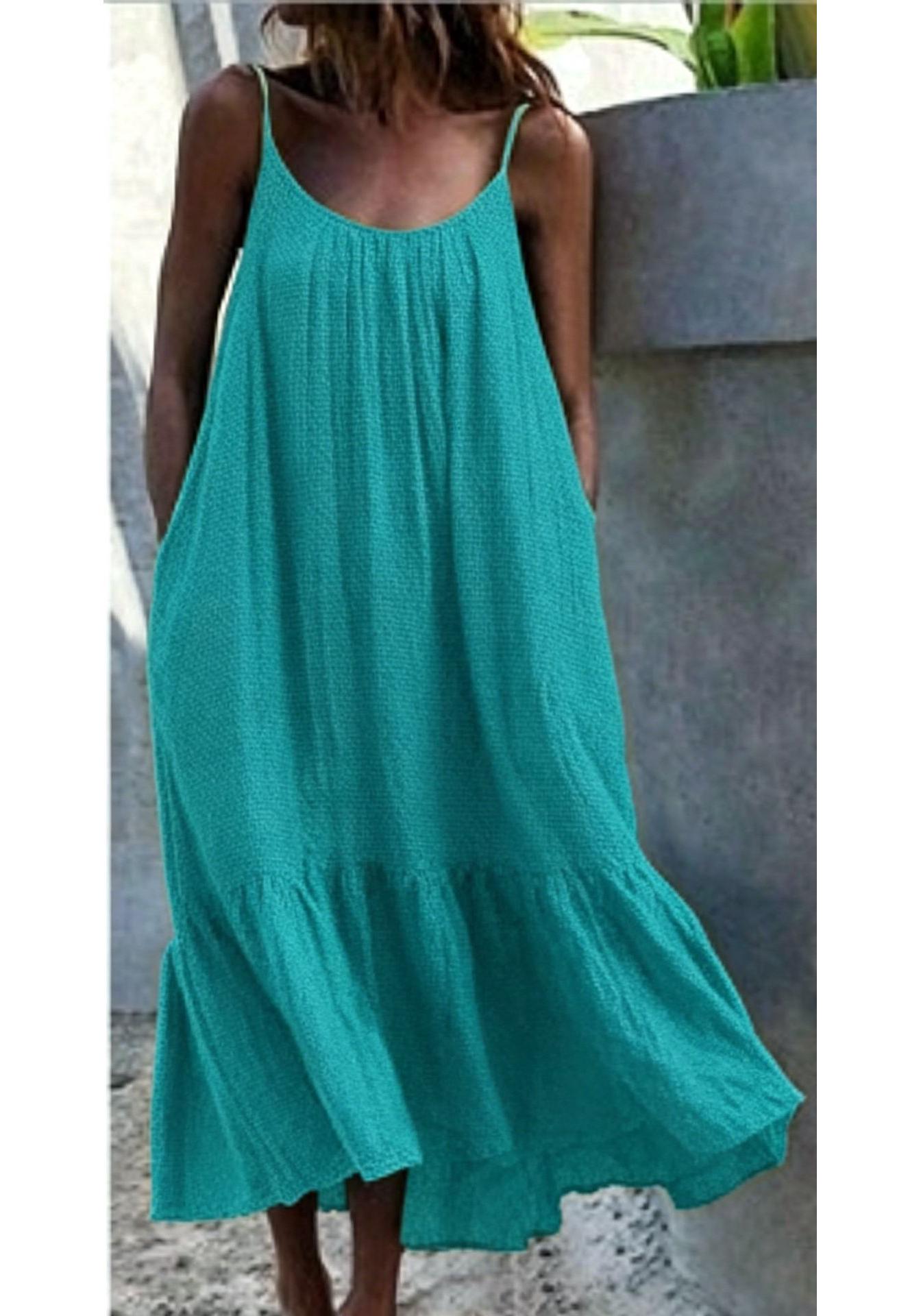 European Ruffle Solid Color Long Sleeveless Summer Dress Small зелёный