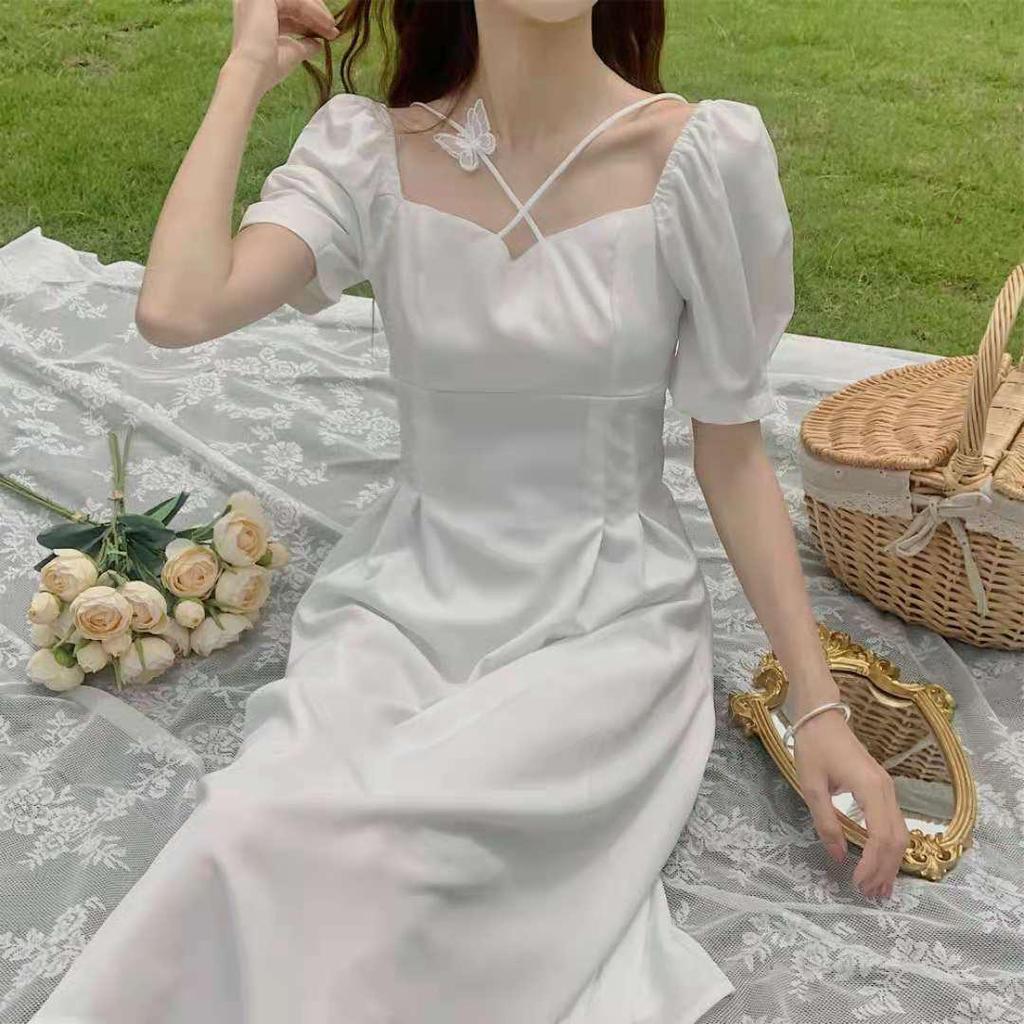 French Forest Style Square Neck White Dress - Waist-Cinching, Slimming, Gentle Summer Fairy Dress