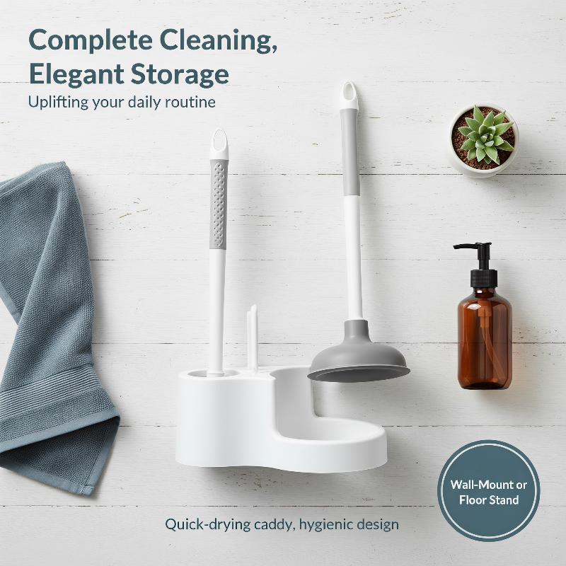 4 In 1 Bathroom Toilet Brush Set Wall Mounted Long Handle Toilet Plunger Holder Durable for Home Restroom Use