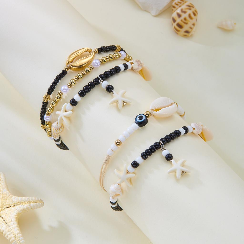 Multilayer Starfish Imitation Pearl Anklet for Women Conch Turtle Polymer Clay Beads Bracelet On the Leg Lucky Evil Eye Jewelry