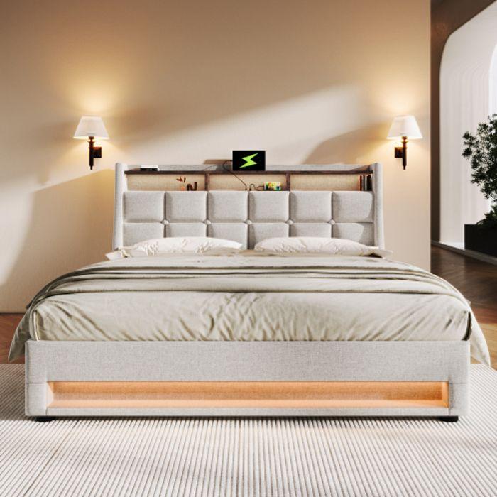 Lit Rembourré Avec USB 140x200cm, Lit Double LED Avec Cadre Métallique À Lattes, Cadre De Lit En Lin, (avec Matelas)
