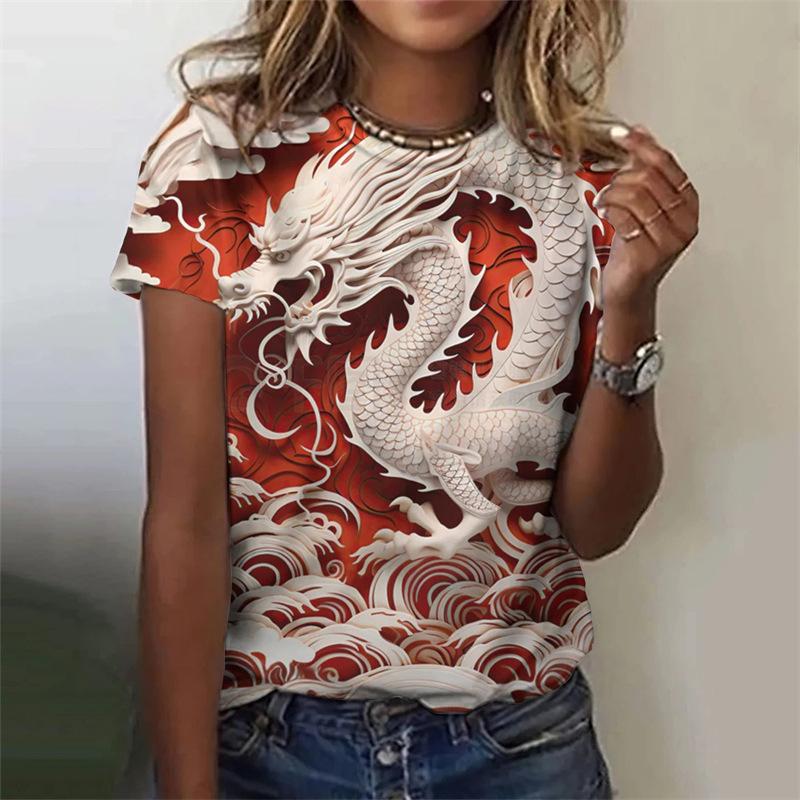 Round Neck 3D Dragon Printed Top Fashionable Casual Short Sleeved Women's T-shirts - Soft Medium Stretch Polyester Fabric Summer Relaxed Fit Clothing