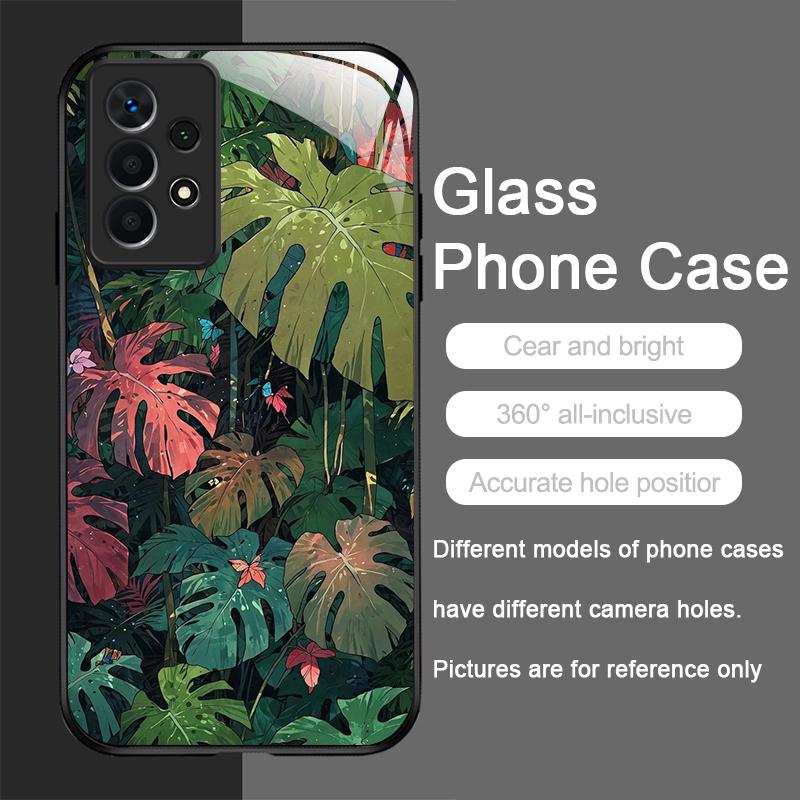 Fashion Palm Leaf Floral Pattern Tempered Glass Phone Case for Samsung Galaxy A56 A55 A54 A53 A52 A36 A14 A15 5G Anti-drop Cover