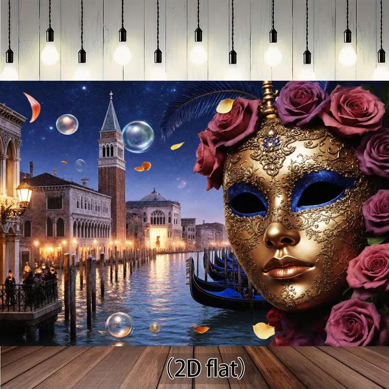 

2D Venetian Carnival Mask Backdrop, Venice Canal Night Photography Background 47.2x31.5inch/120*80cm