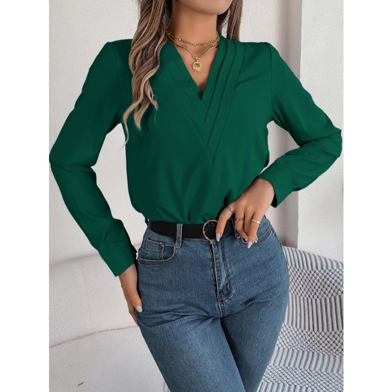 Elegant Fashion Layered V-neck Long Sleeved Women Shirt Solid Color Loose Casual Simple Office Blouse Ladies Basic Spring Autumn Tops Women's Clothing