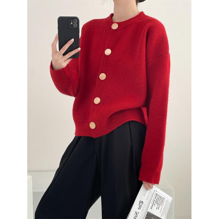 

Маленькая золотая пряжка мягкий ворсистый вязаный кардиган свитер женский весенний свободный омолаживающий топ однотонное простое универсальное пальто L красный