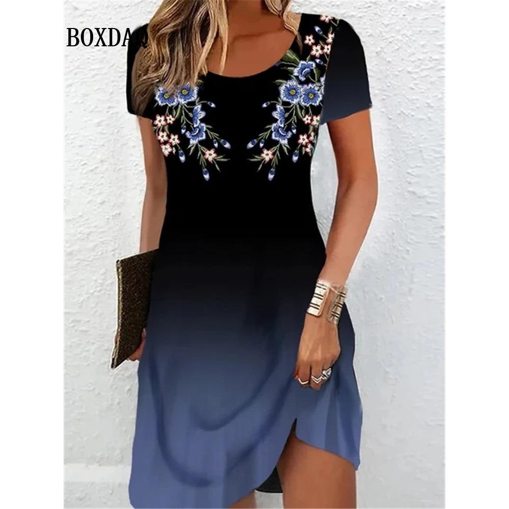 2026 New Fashion Women's Summer Short-sleeved Dress Gradient Floral Print Elegant Loose Casual Round Neck Dress