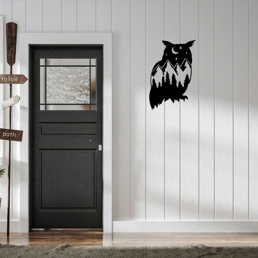 Wrought Iron Black Owl Wall Art Decor Metal Bird Sculpture for Home Living Room Bedroom Garden Outdoor Hanging Ornament