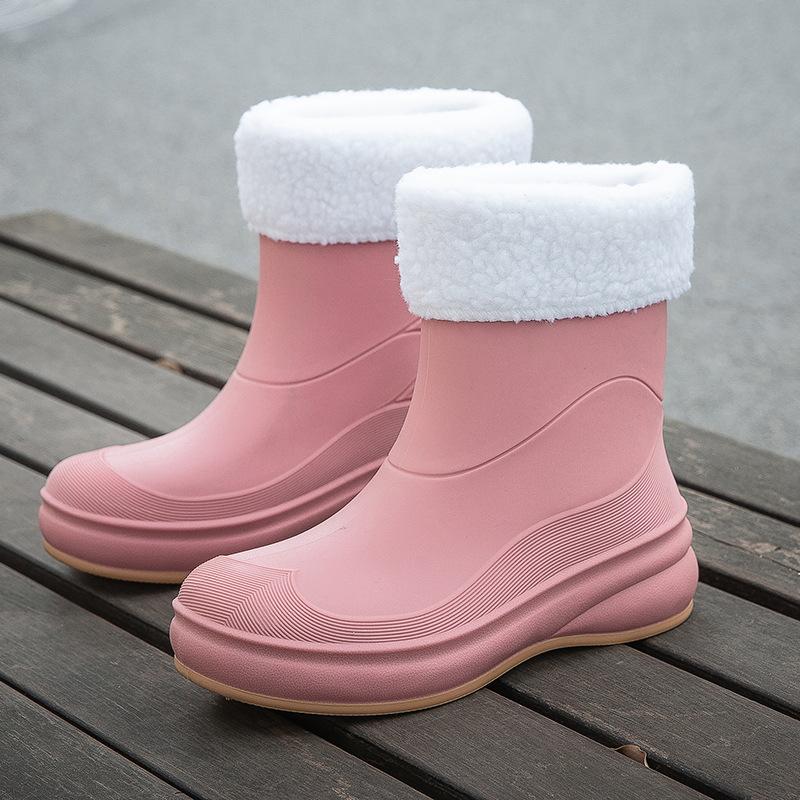 Water shoes new Japanese and Korean short tube velvet non-slip rain shoes women, fashionable thickened outer wear PVC waterproof women's rain boots