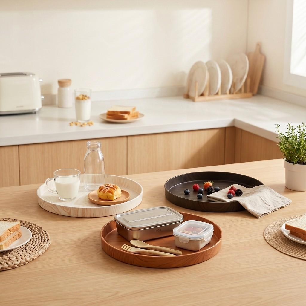Round Wood Grain Serving Tray Decorative Food Plate Tableware Breakfast Tea Coffee Dessert Platter Stackable Kitchen Dishes