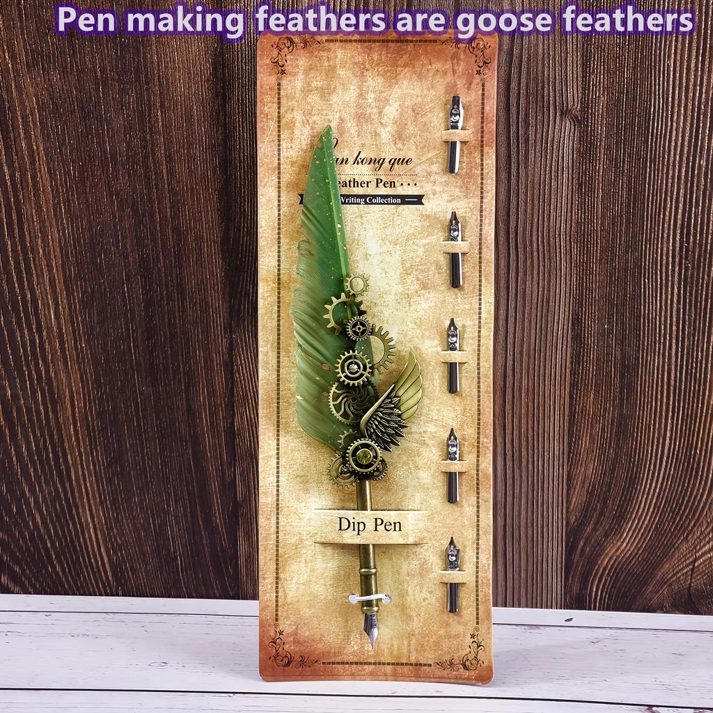 Ambidextrous Mechanical Calligraphy Pen with 5 Personalized Metal Tips, Medium Point, Round Body, Decorative European Retro Feather Quill for Beginner
