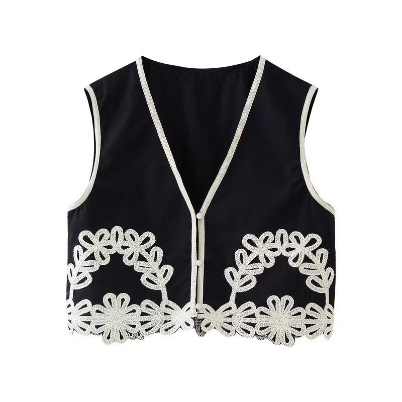 

Spring New Design Sense Retro Short V-neck Embroidered Vest High Waist Wide Leg Casual Embroidered Trousers Top L