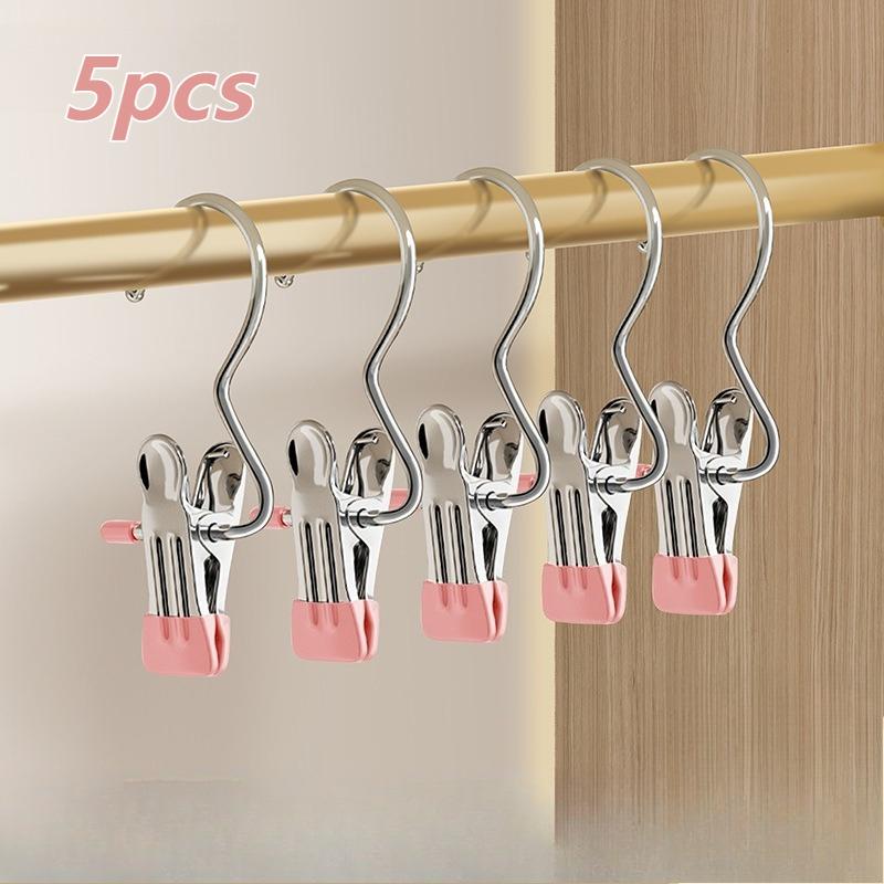 5/10pcs Pink Dip Plastic Non-Slip Hanger Clips, Metal Clothes Pegs with S Hooks for Pants Skirt Storage