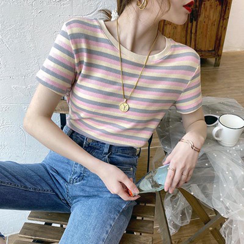 2025 Summer Striped Short-Sleeve Slim-Fit Korean T-Shirt for Women