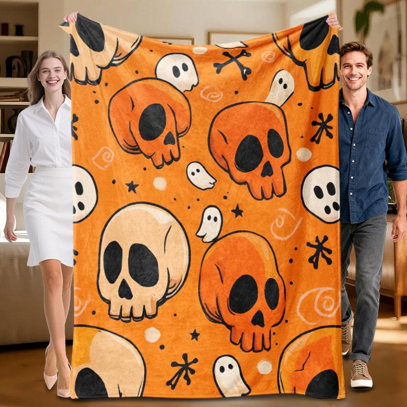 

1 piece orange skull-themed flannel blanket, soft, suitable for sofa, bed, office, all-season use. 70x100cm