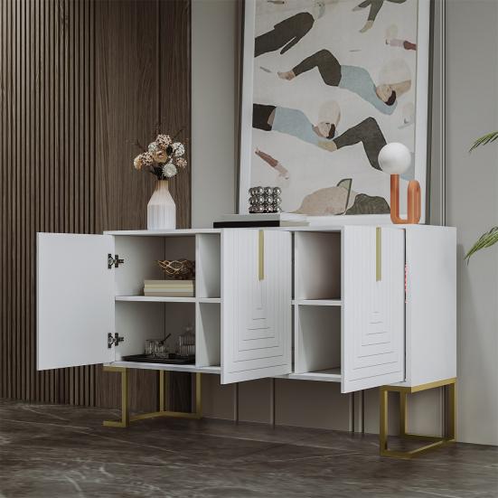 U-shaped Handle Metal Legs Kitchen Cabinet with 3 Doors Height-Adjustable Shelves Coffee Bar Storage Cabinet Dining Room Furniture, White