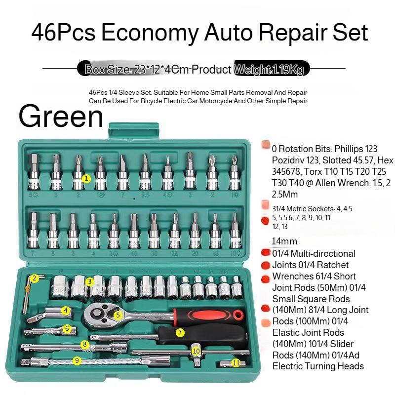 46 Pieces 1/4 inch Drive Socket Ratchet Wrench Set, with Bit Socket Set Metric and Extension Bar for For Car Repair, Bicycle