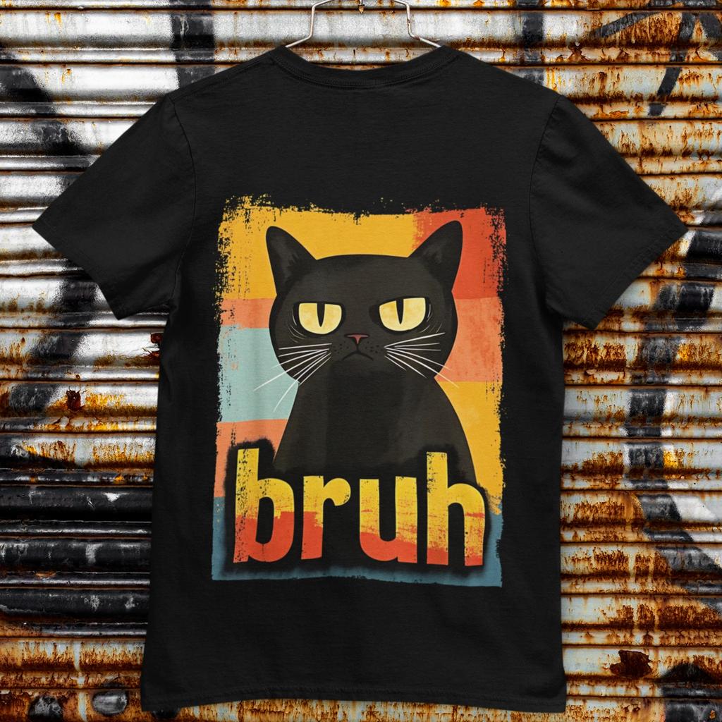 Funny Black Cat Shirt Retro Cat Lover Meme Bruh Graphic T Shirt Back Print