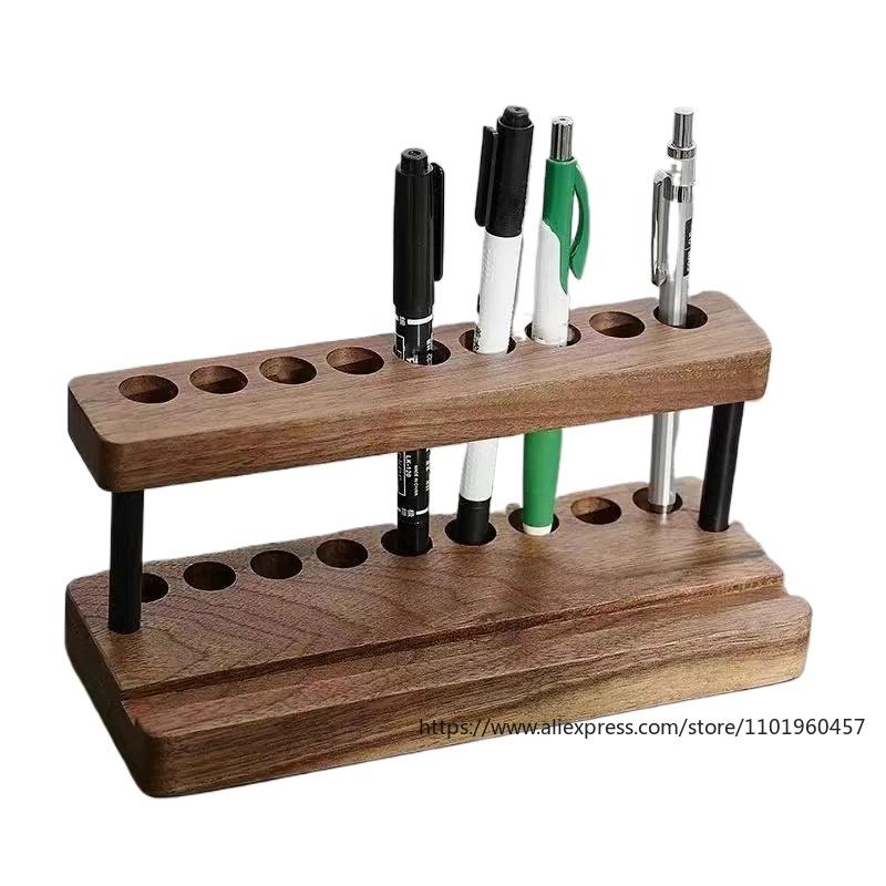 Multi-functional Black Walnut Wood Desktop Pen Holder with Phone Slot for Office and Home Storage Office School Accessories