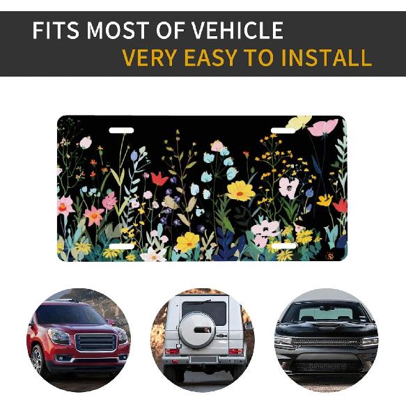 Wild Flowers Front License Plate For Women Car Vanity Plates Decorative Aluminum Metal Cute Novelty License Plate Cover For Men 6X12 Inch (4 Holes)