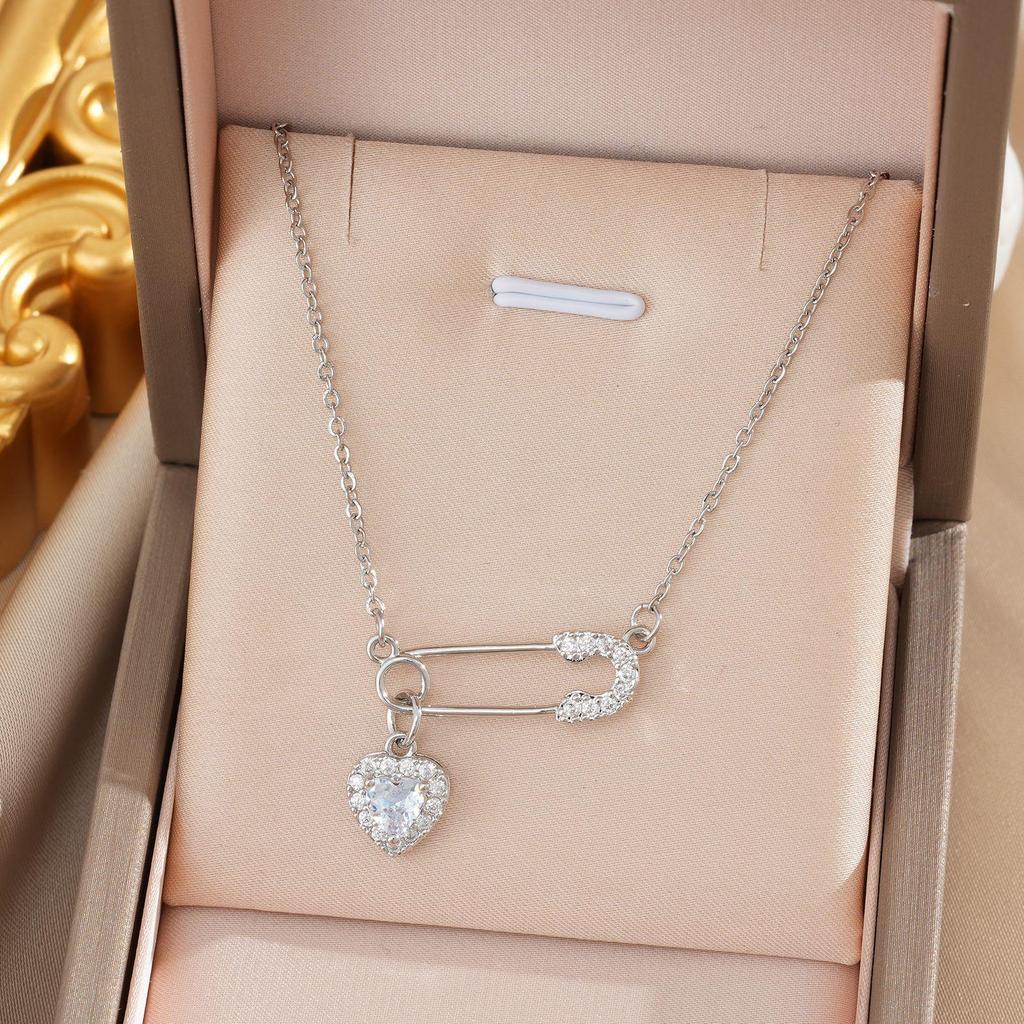 Women's Zircon Safety Pin Heart Pendant Necklace - Luxury Titanium Steel Chain