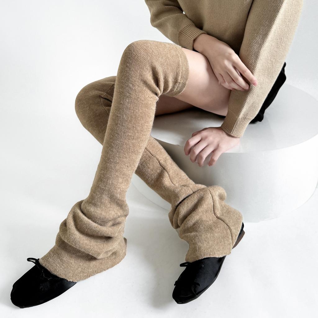 Flared High Tube Socks Harajuku Leg Warmers Knitted Slimming Women Leg Covers, Solid Color Thigh High Socks