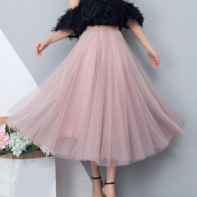 Women Midi Skirt Elastic High Waist Long Skirt with Solid Mesh Hem Solid Color A-Line Skirt Daily Wear