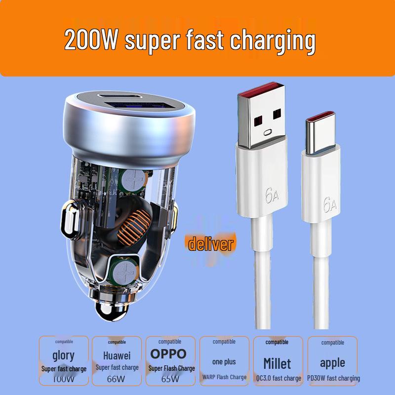 100W Mini Transparent Dual PD Car Charger: Super Fast Cigarette Lighter Adapter