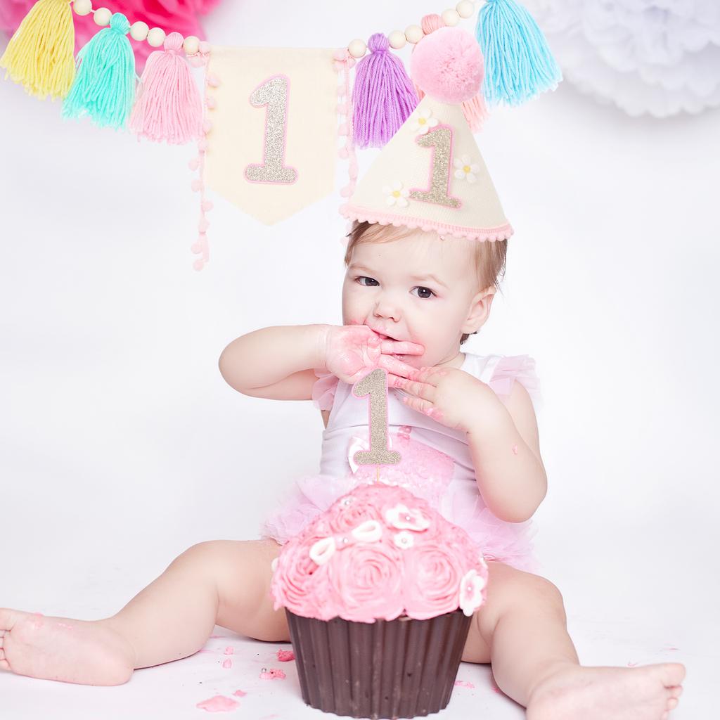3 Stück Baby Erster Geburtstag Hochstuhl Banner Krone Hut und Kuchenaufsatz Junge Mädchen Ein Jahr alt Geburtstagsparty Dekoration Zubehör