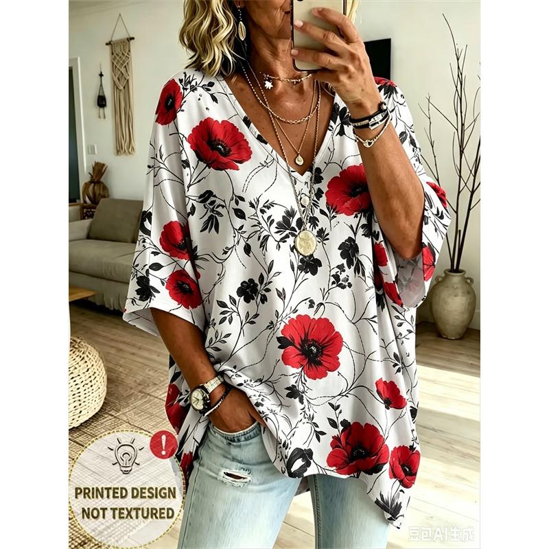 Printed Plus-Size Women's V-Neck Batwing Sleeve T-Shirt Bohemian Ethnic Print Loose Top Summer Comfortable Breathable Daily Commute Casual