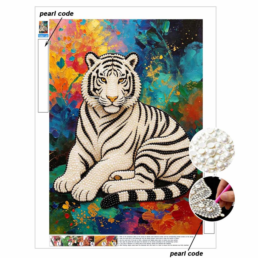 Pearl Painting Art Painting Kit for Adults and Beginners, White Tiger Sparkling Painting Craft Home Wall Decor Handmade Gift Art Pieces