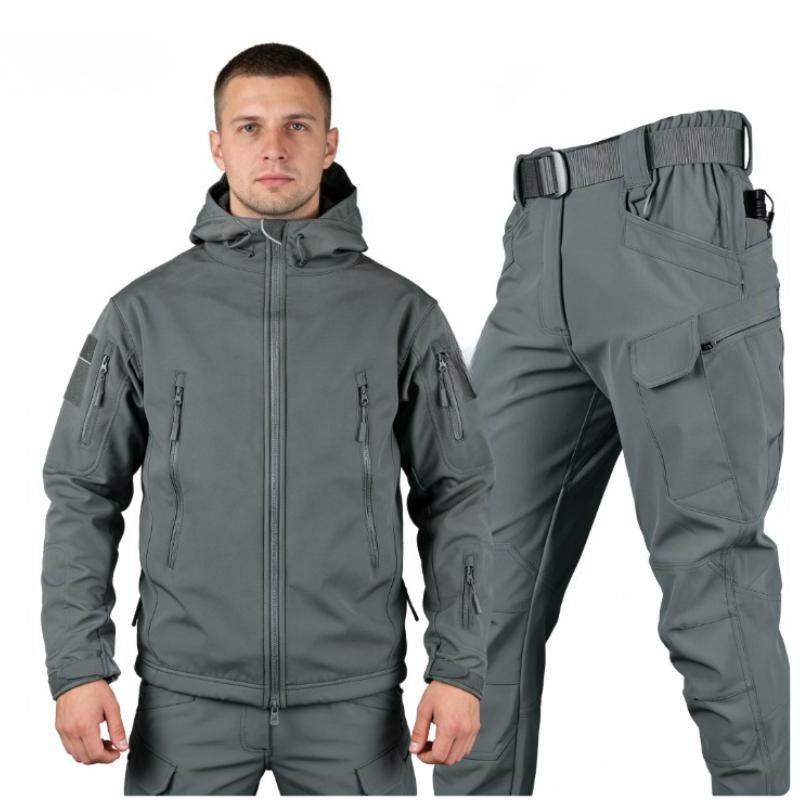 

Чоловічі вуличні теплі костюми Захист від холоду та тепло Плюс оксамитовий потовщений одяг Осінь та зима Великі розміри Куртки та штани карго L сірий