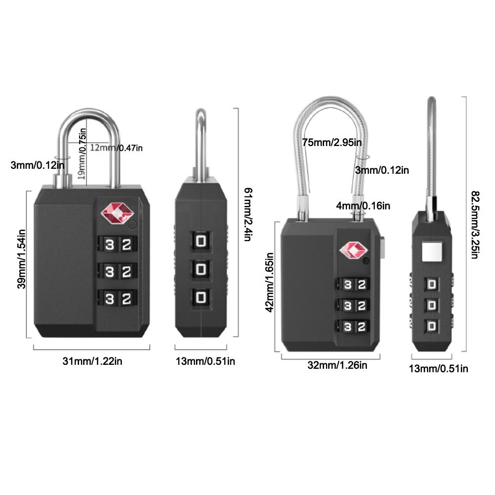 Portable TSA 3 Digit Combination Lock Lightweight Anti-theft Customs Password Lock Security Tool Wire Rope Padlock Travel