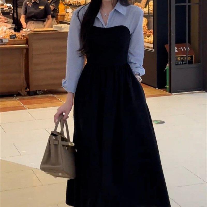 

Large size early autumn new women s clothing fake two-piece shirt black long-sleeved dress, high-end matching, a complete set 5xl (recommended 90-100kg )