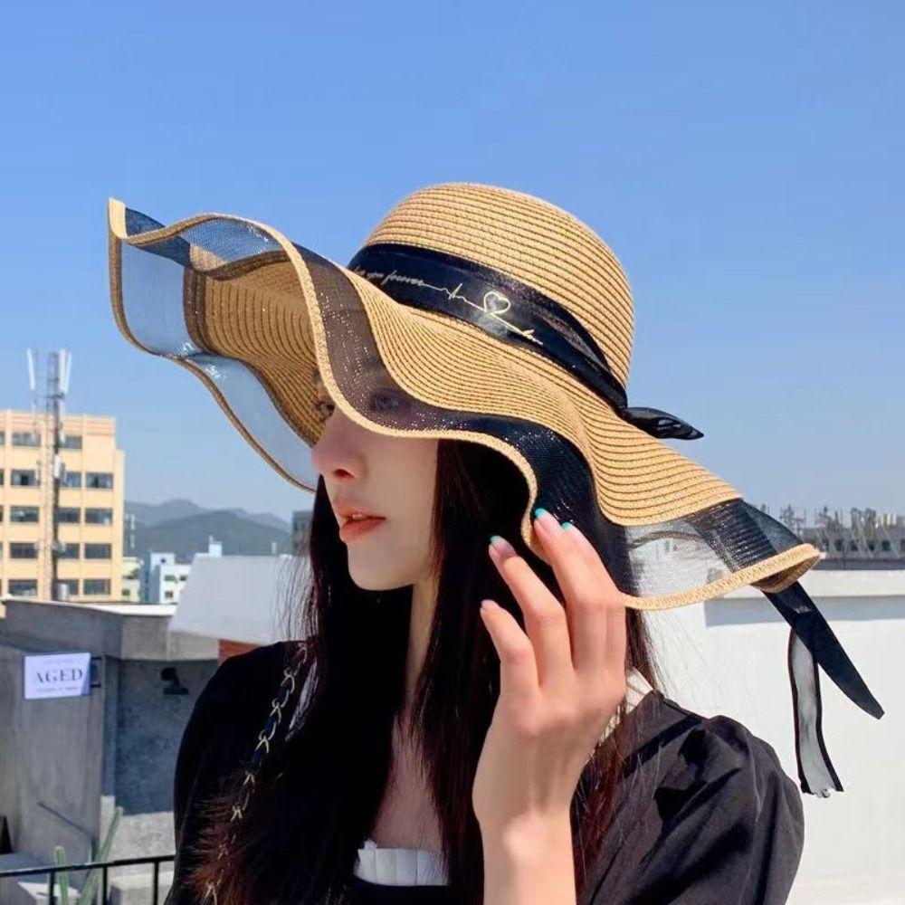 Weave Bow Straw Hat UV Protection Outdoor Visor Cap Simple Sun Protection Cap Outdoor