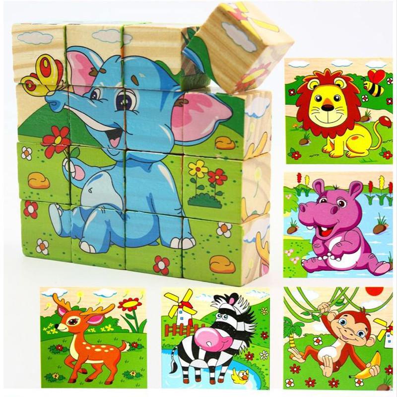 16pcs/set 3D Kids Wooden Blocks Toys Cartoon Print Animal/Sea World Domino Children Educational Toy