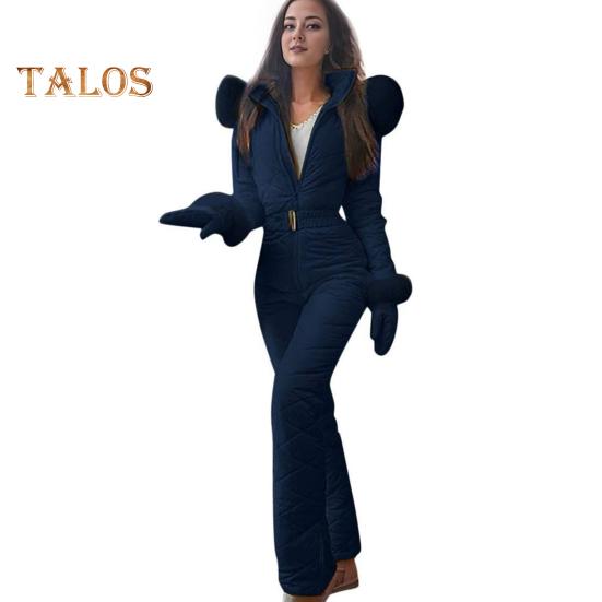 

Женский зимний комбинезон с перчатками, эластичный пояс, утолщенный, мягкий, зимний комбинезон с капюшоном, застежка-молния, ветрозащитный, водонепроницаемый, для катания на лыжах и катания на льду и снегу M синий