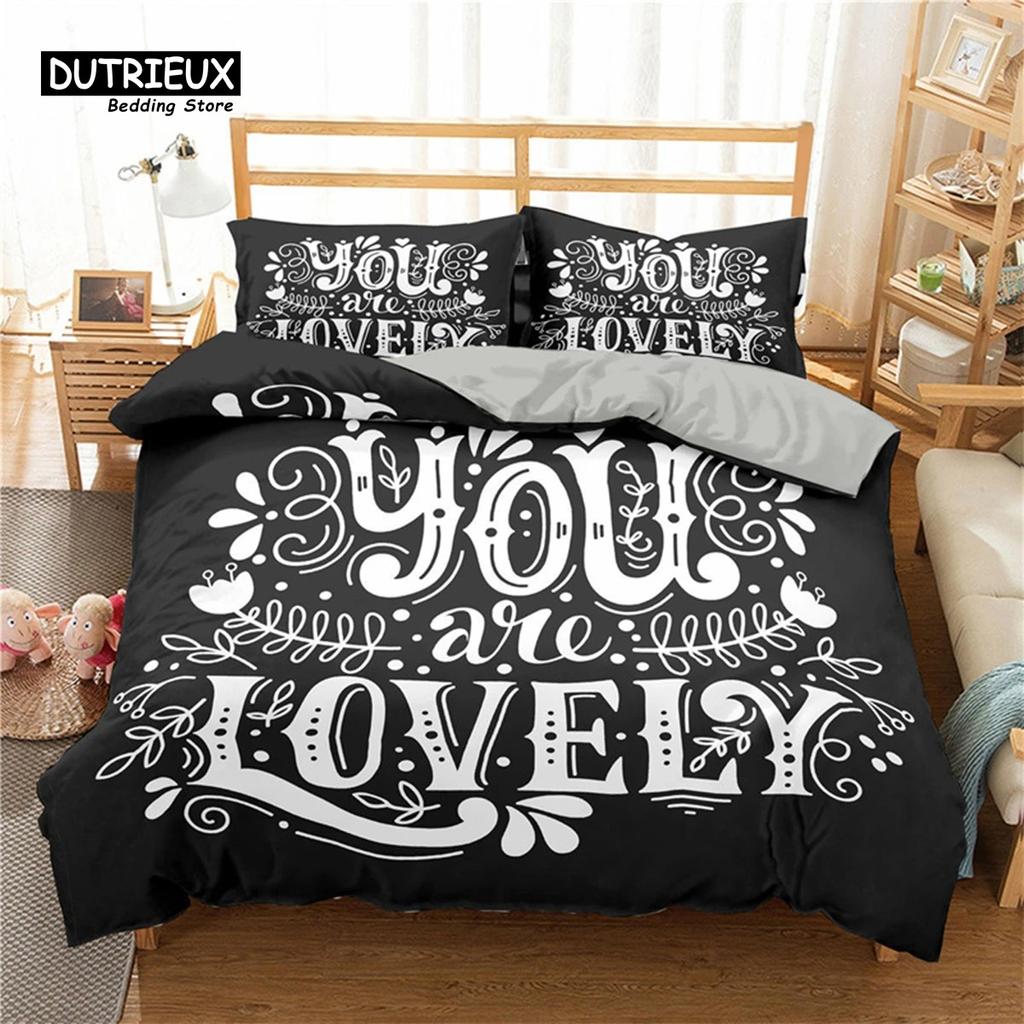 Love Words Bed Cover Kit Romantic Style Couple Sleep Bedding Kit Microfiber 3D Design Love Heart Comforter Cover Single Size Full Size Full Queen