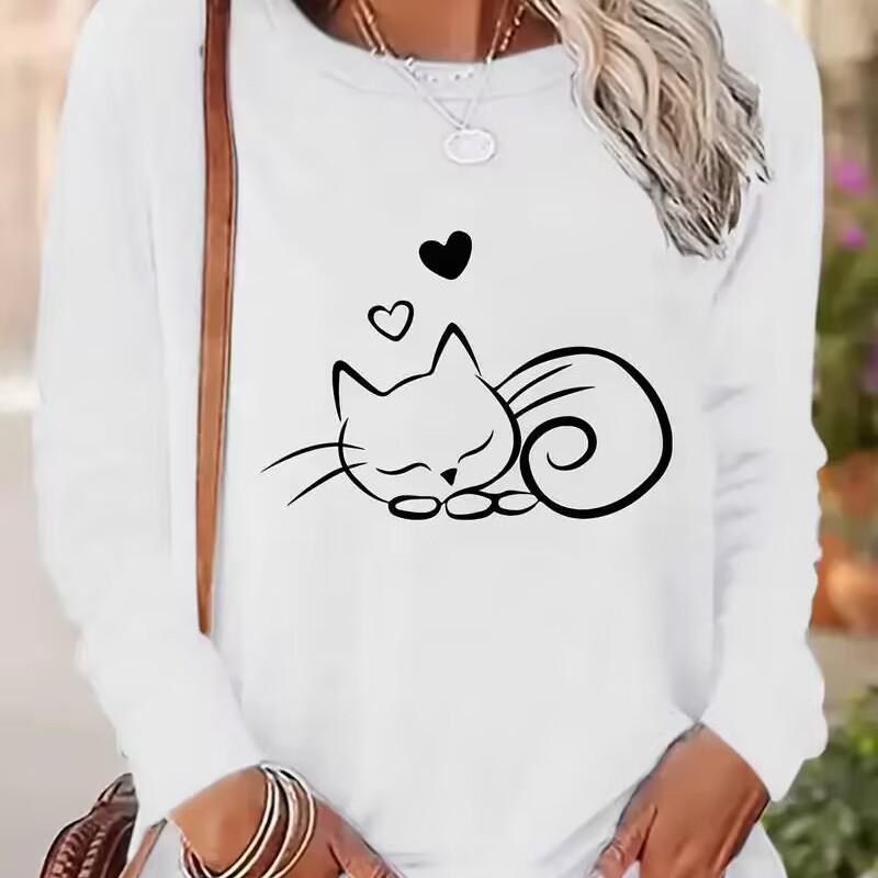 Women’s Cat Print Sweatshirt - Long Sleeve Pullover with Sleeping Kittens & Hearts