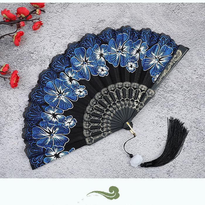 1Pc Chinese Ancient Style Flower Women Folding Fan with Tassel Fringe Hanfu Cheongsam Dance Fan Photo Props Summer Handheld Fan