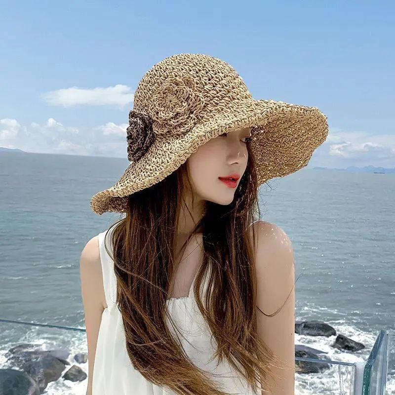 New Hat Female Flower Beach Hat Pastoral Straw Breathable Lady Summer Sunscreen Sun Hat Casual Versatile