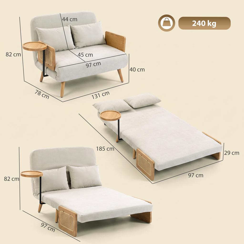3 In 1 Convertible 2 Seater Sofa Bed Upholstered In Chenille With Adjustable Backrest Side Table And 2 Pillows Cream White