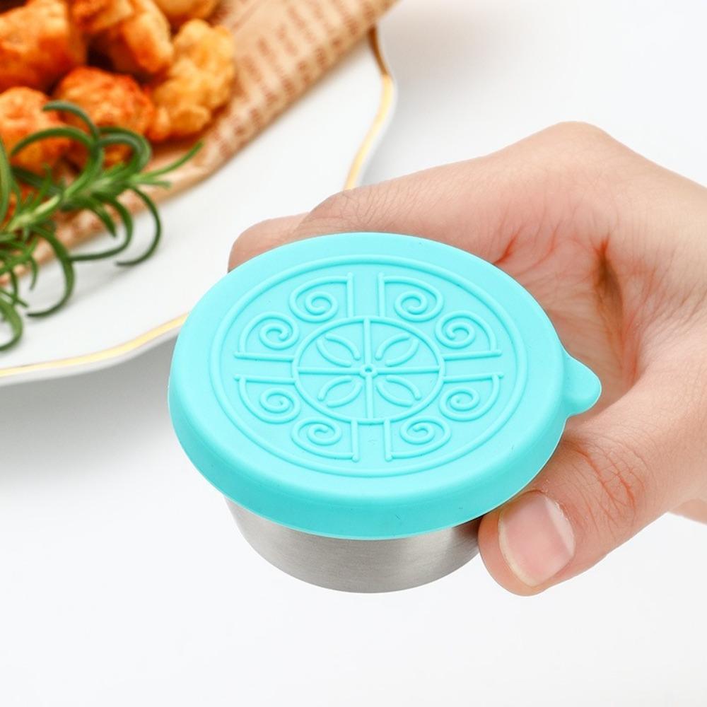 Sauce Cup Silicone Cover Leak-proof Salad Tomato Sauce Bento Saucer 304 Stainless Steel Sauce Cup with Cover Small Storage Box
