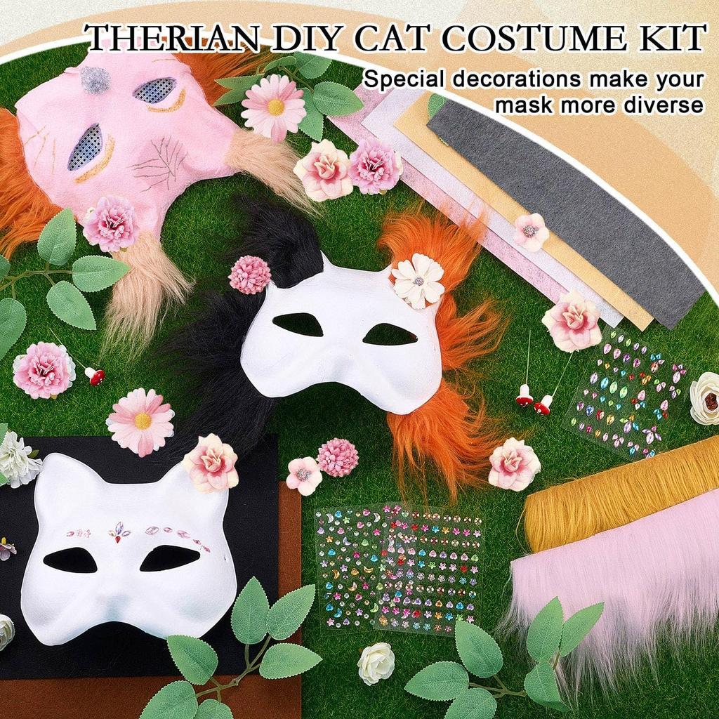 31 Pcs Therian Mask Kit Blank Cat Mask White Therian Masks Half Face Hand-painted DIY Masks for Masquerade Cosplay Party Gifts