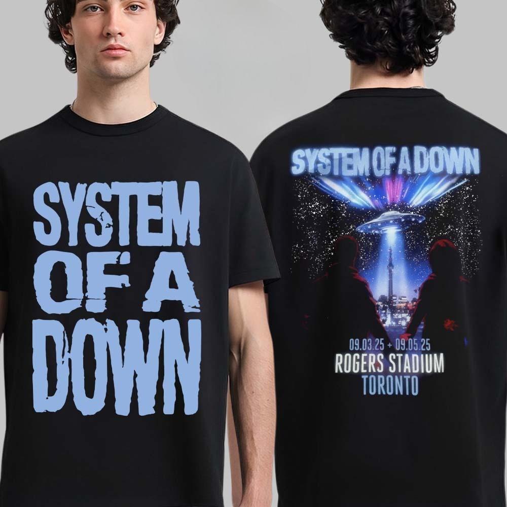 New System of A Down Toronto Canada 2025 Rogers Stadium Venue Tee On September 3 and 5 UFO Skyline City Two Sided Blue T-Shirt