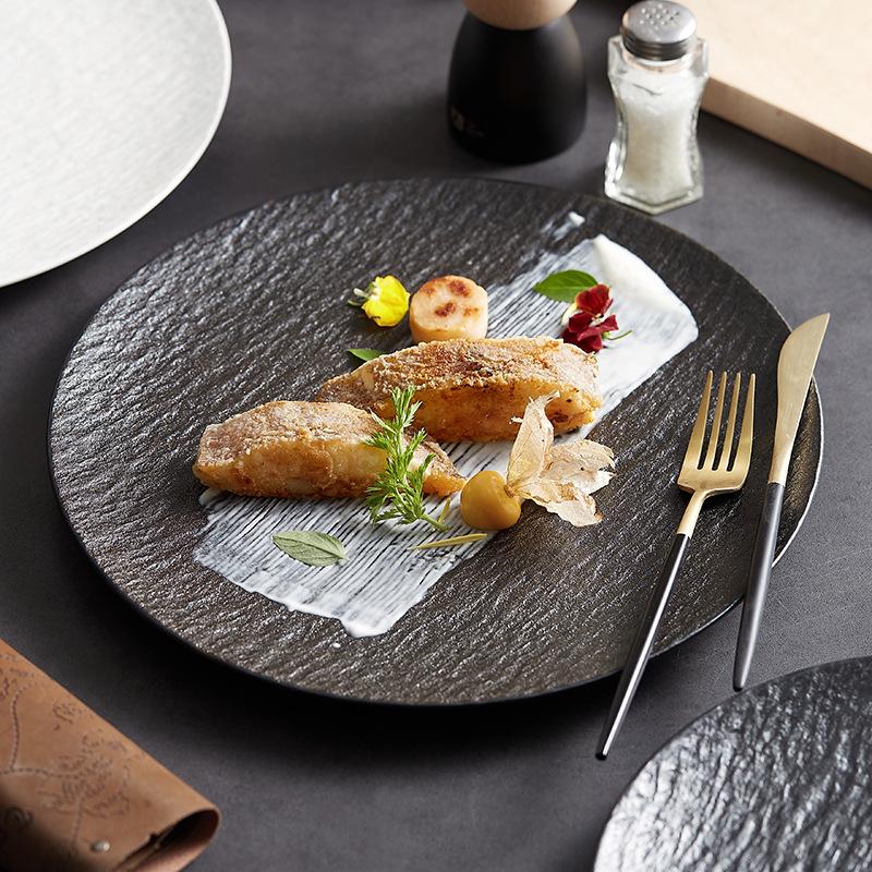 White Stone Ceramic Shallow Plate for Restaurant & Home – Ideal for Steaks & Desserts, Round Flat Design.