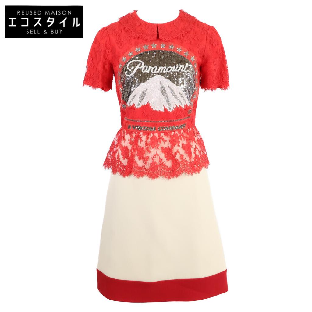 GUCCI 543335 2018 Paramount Sequin Logo Lace Bi-Color Dress dress 36 Red xIvoryUsed