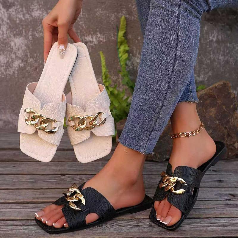 New Flat Leopard Women'S Slippers New American Metal Chain Square Toe Flat Shoes Women'S Sandals Slippers Zapatos