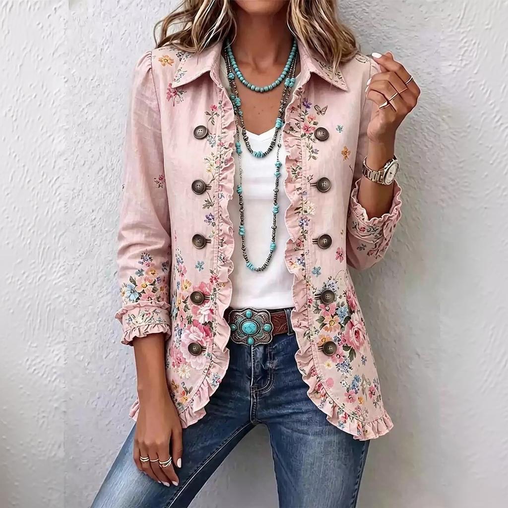 Women's Long Sleeve Ruffle Trim Button Down Cardigan for Everyday Casual Wear